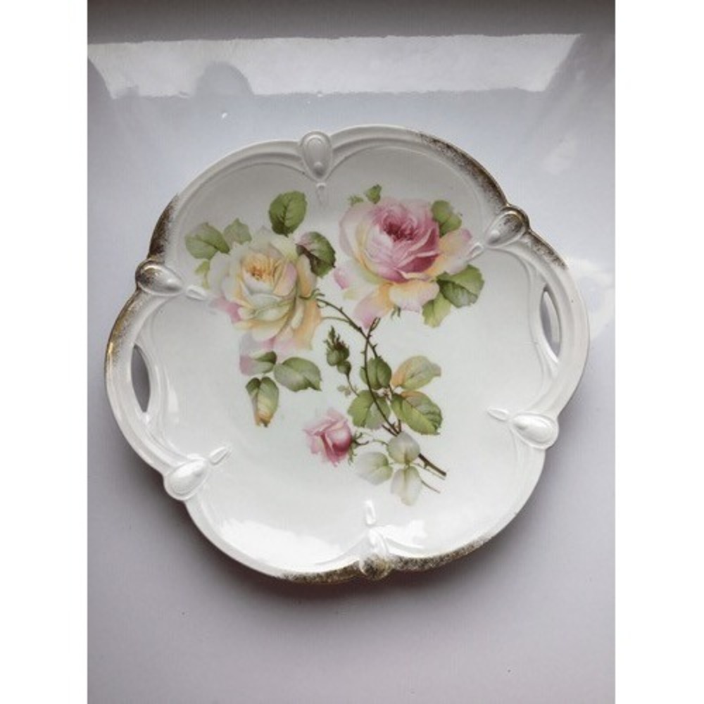 VTG Lehmann Arzberg Red Lion Mark Bavaria Porcelain Pink‎ Roses Cake Plate 10"